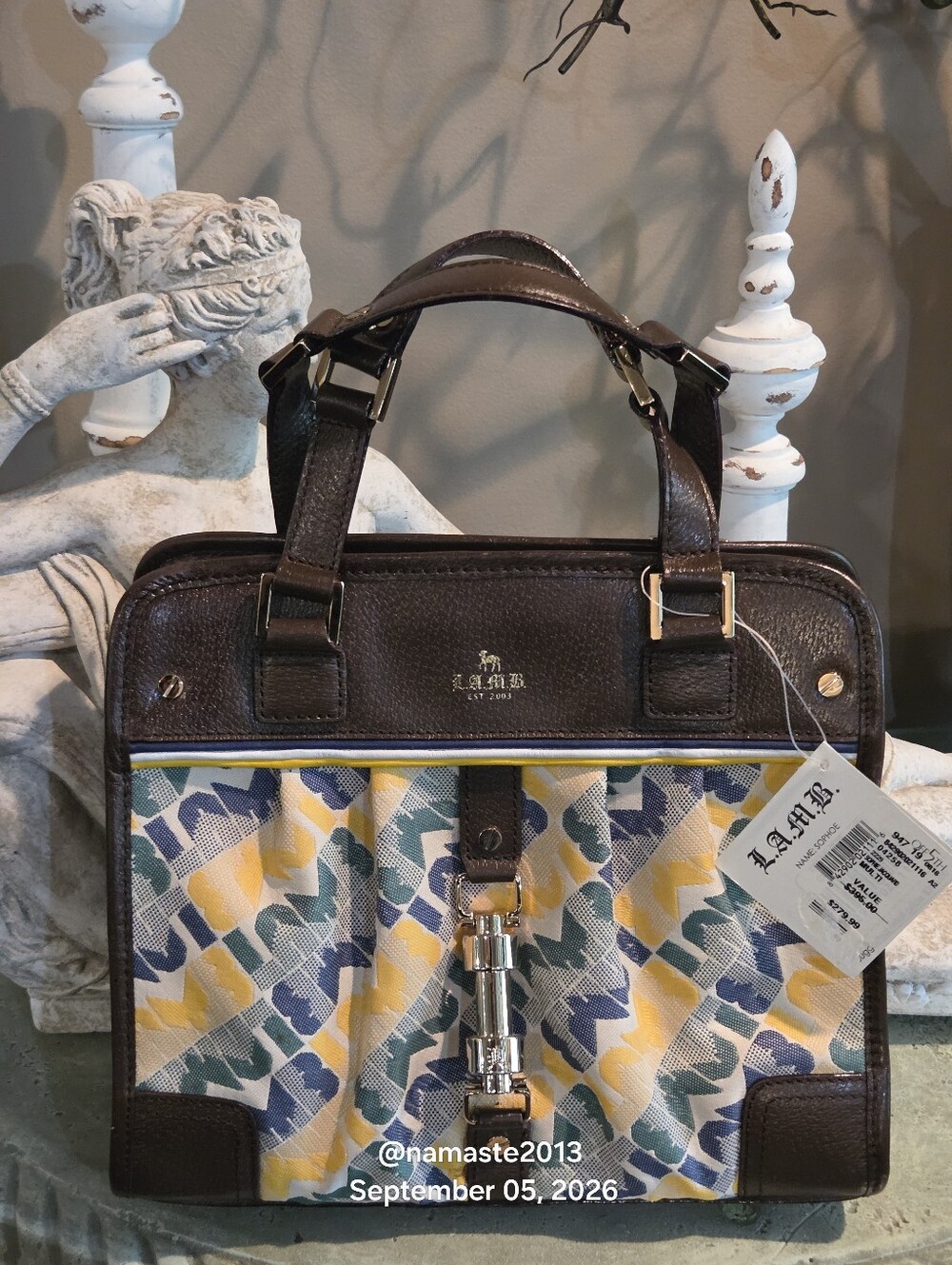 L.A.M.B. Gwen Stefani Sophoe Brown Leather Satchel with Yellow, Blue & Green 805